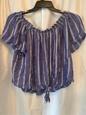 Blue Striped Off-Shoulder Tie-Front Top